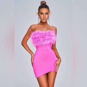Bella Barnett Winey Strapless Feather Mini Dress